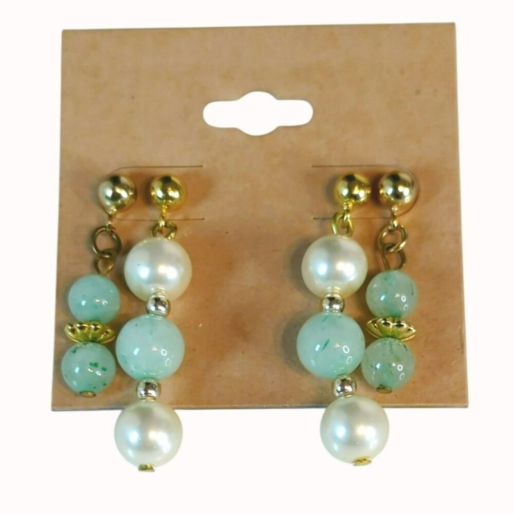 Vintage Dangle Earrings Set Faux Pearl Green Stones With Gold Accents